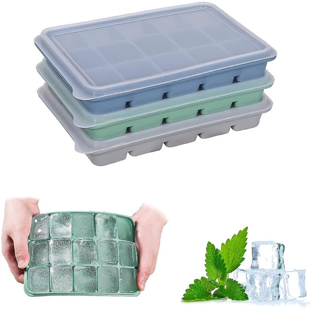 Paquete de 3 bandejas para cubitos de hielo, moldes de silicona para cubitos de hielo con tapas a prueba de derrames, fácil liberación, flexibles, para bebidas frías, comida para b