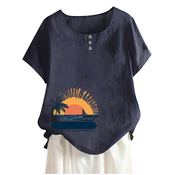 Camisas de Manga Corta para las Mujeres Blusas de Impresión Casual Botón Cuello Redondo, Top de Verano Ligero para el Día Y el Trabajo