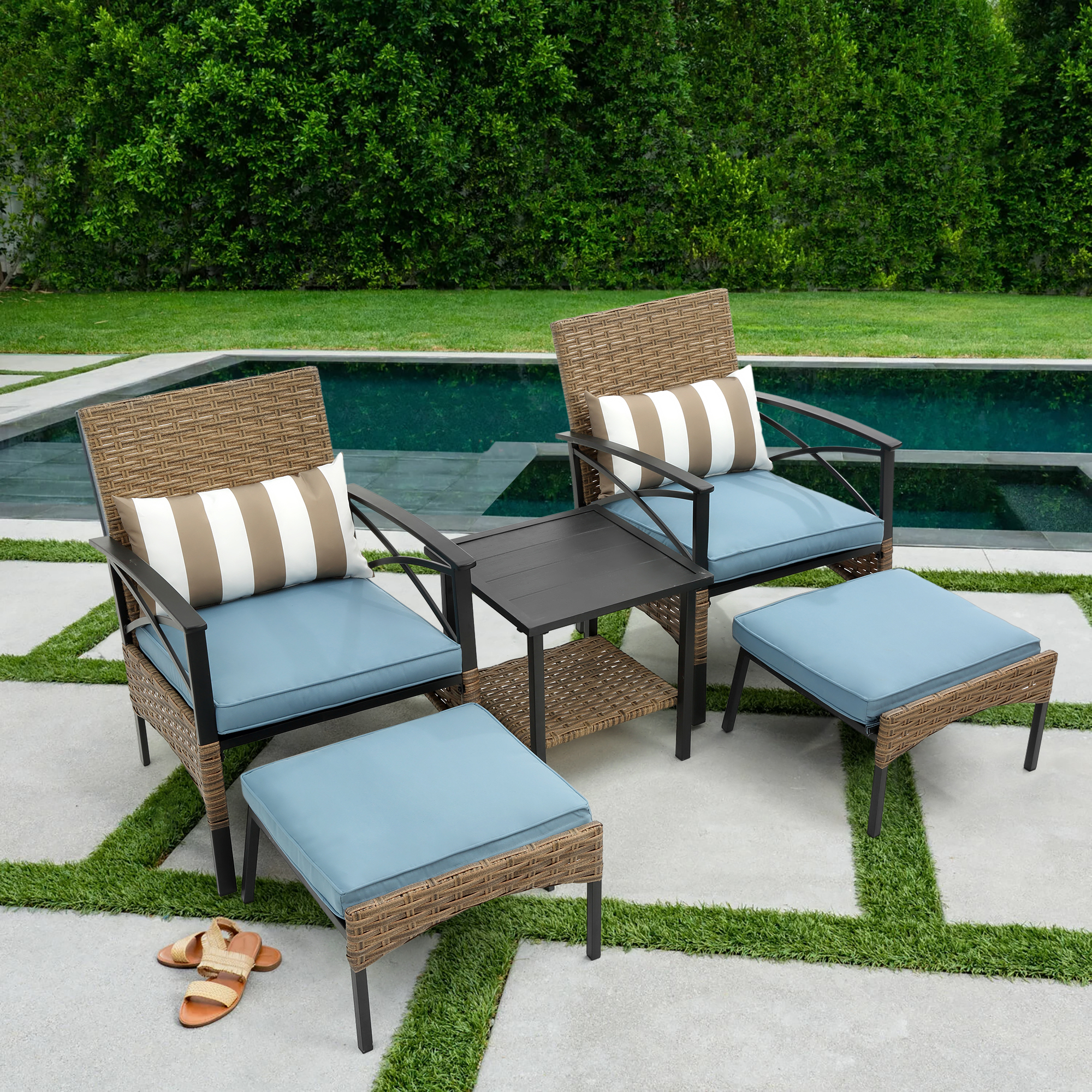 SYNGAR 5 Piece Outdoor Patio Furniture Set, PE Rattan Sectional Furniture Set with Coffee Table, Cushioned Chair and Ottoman, Patio Conversation Sofa Set, for Garden, Yard, Deck, Poolside, Blue, D1067 - image 1 of 10