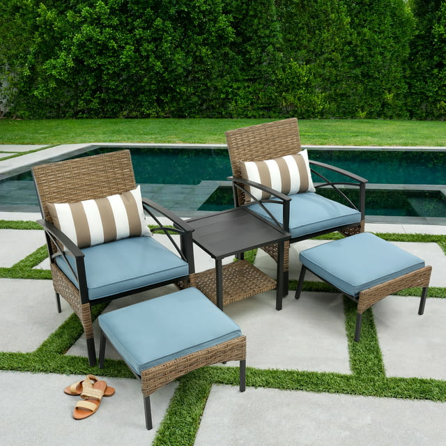 SYNGAR 5 Piece Outdoor Patio Furniture Set, PE Rattan Sectional Furniture Set with Coffee Table, Cushioned Chair and Ottoman, Patio Conversation Sofa Set, for Garden, Yard, Deck, Poolside, Blue, D1067