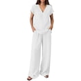 thumbnail image 3 of Women's V Neck Short Sleeve Top & Wide Leg Pants Set, Soft Nylon Spandex Loungewear, Casual 2 Piece Outfit with Stretchy Waist, for Relaxed Days, Work from Home, or | TruBelle,White 2XL, 3 of 8