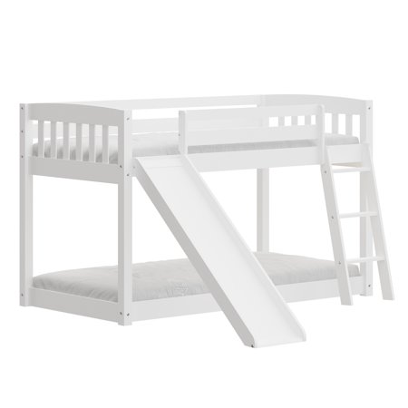 Yes4wood Solid Wood Kids Bunk Bed Twin over Twin with Slide  Ladder and Guardrails  White