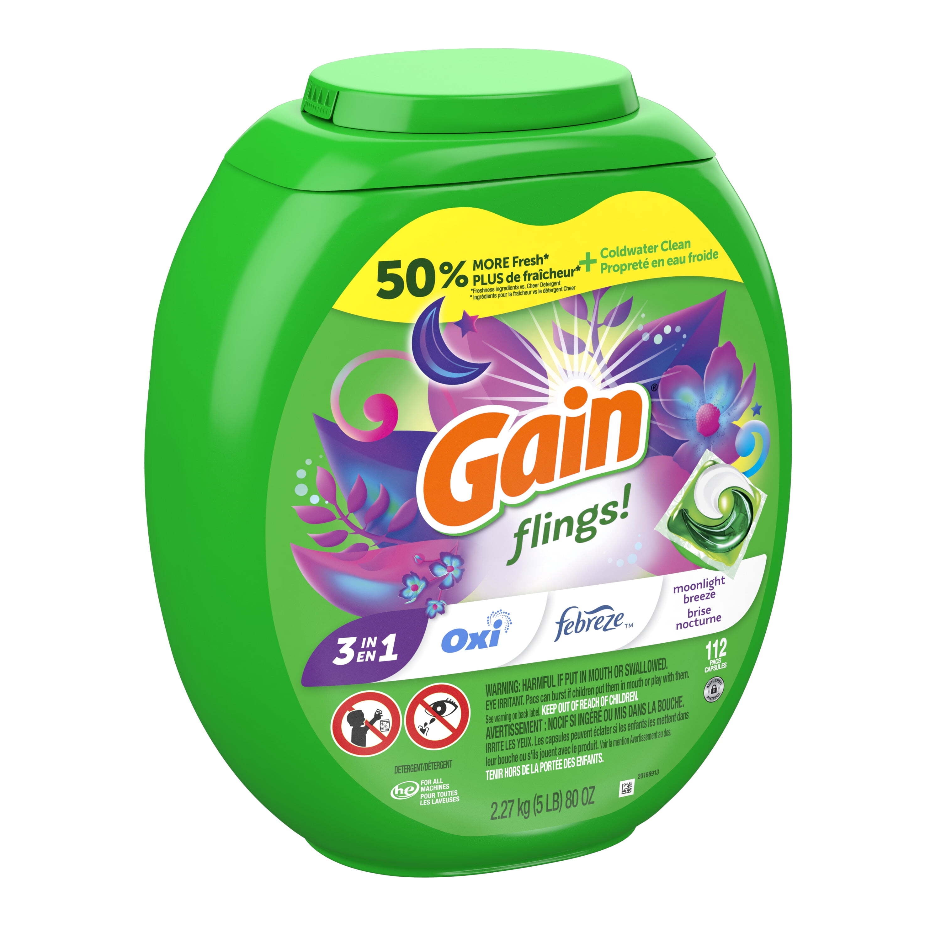 Gain Flings 3-in-1 Oxi Boost and Febreze Laundry Detergent Pacs, Moonlight Breeze Scent, 112 Count