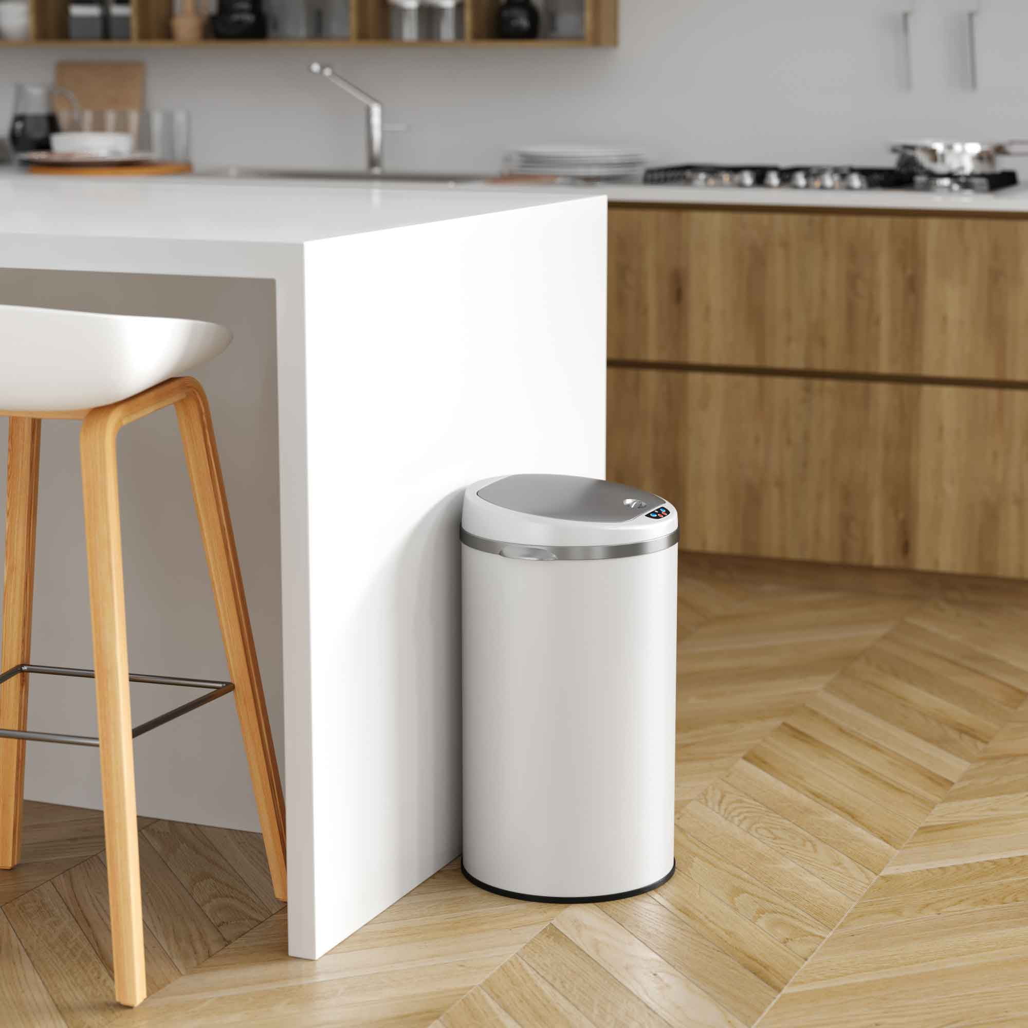iTouchless 8 Gallon Round Matte White Steel Sensor Trash Can with Deodorizer
