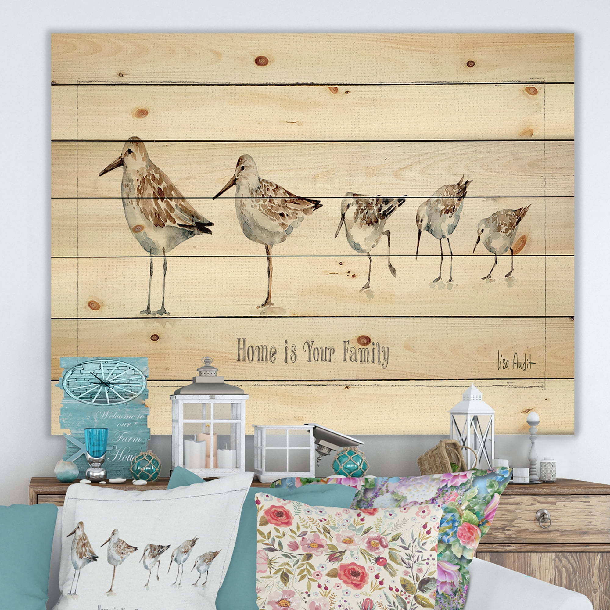 Designart 'Sandpipers and Pebbles Family' Traditional Print on Natural Pine Wood