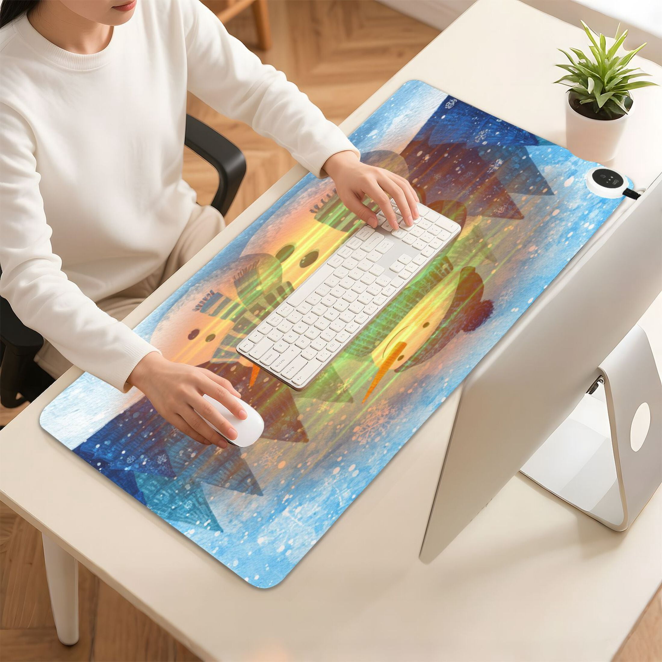 Large Heated Desk Mat Mouse Pad 31.5"x13"PU Leather Graphene Heating Desk Warmer with 3 Temperature Settings 110V US Plug Non-Slip Warm Pad for Home, Office, and Gaming Three Blue Cute Snowmen