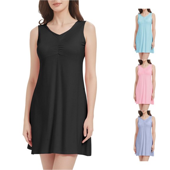 LIIPEE Womens Summer Nightgown Casual V Neck Sleep Dress With Built In Bra Ladies Cozy Sleepwear