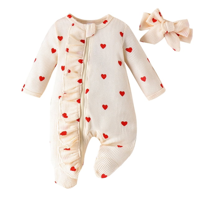 3-6 Months Heart Print Zippered Long-Sleeved Romper