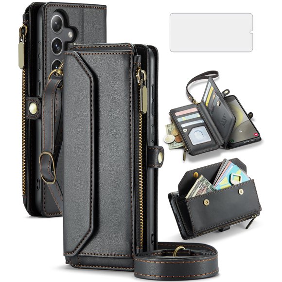 Asuwish Compatible avec Samsung Galaxy S24 5G Étui Portefeuille à Fermeture Éclair pour Téléphone Protecteur d'Écran en Verre Trempé Bandoulière Lanière Sangle Porte-Cartes à Rabat Fente Étui Cellulaire pour S 24 24S G5 SM-S931U Femmes Noir