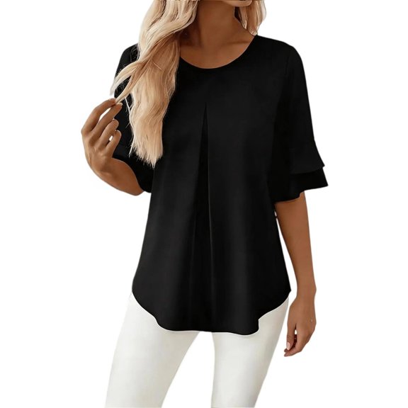 Gbobgt Women's Blouses Half Sleeve Crew Neck Casual Lightweight Summer Tops for Daily Office And Vacation Outfits Black L