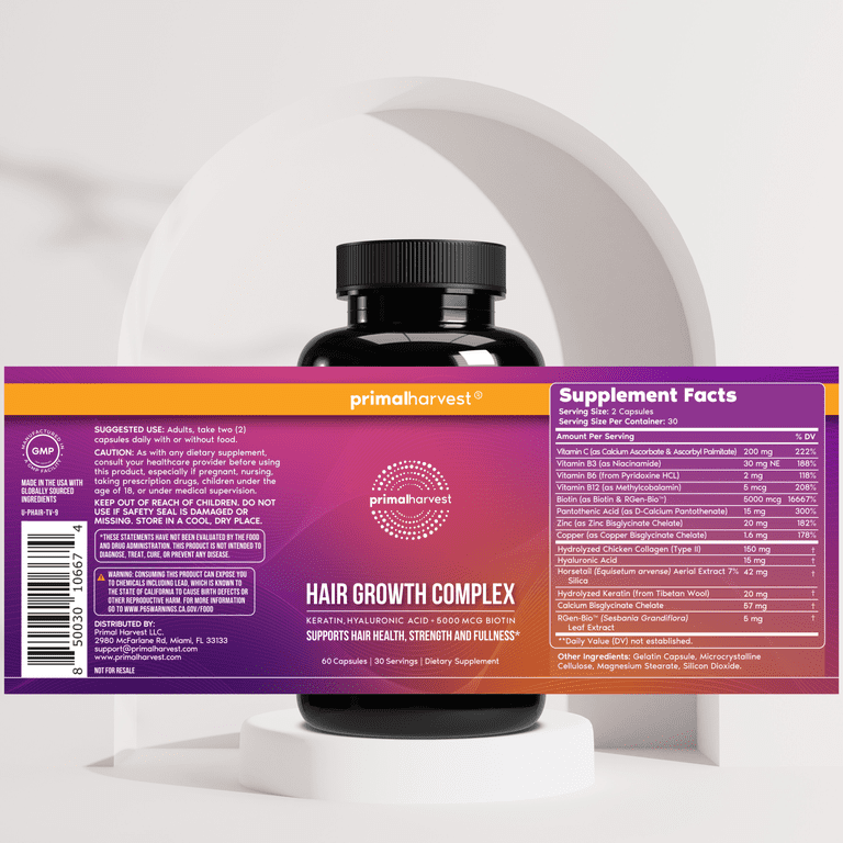 2 pack) Primal Harvest Hair Growth Complex with Biotin, Keratin