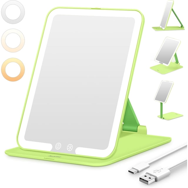 Rechargeable Travel Makeup Mirror Portable Travel Lighted Makeup Mirror with Color Modes Dimmable Compact Tabletop LED Vanity Mirror with Touch Screen