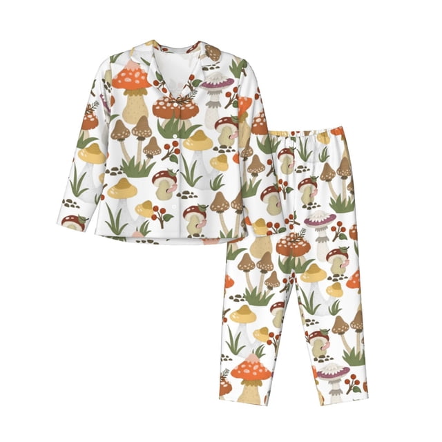 Balery Mushrooms Conjunto de Pijama con Estampado para Mujer, Conjunto de Dos Piezas con Manga Larga, Ropa de Dormir Suave con Bolsillos, Pijamas Cómodos-Small
