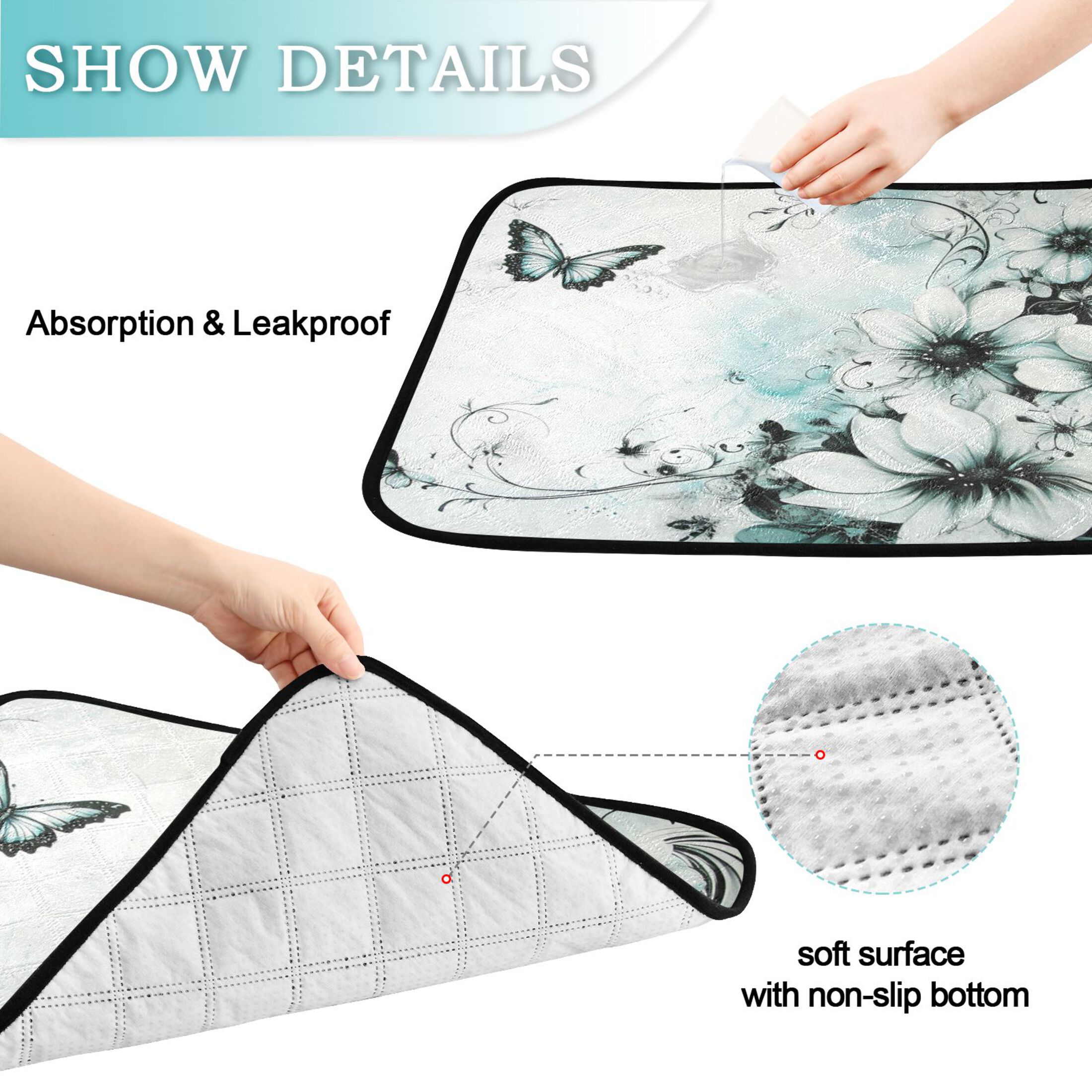 Qxltty Cyan Flowers Cat litter Pads Pet Set of 3 Diaper Mats Center Anti-leakage Layer Absorbent Soft and Comfortable