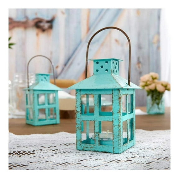 Mini Decorative Lantern,Vintage Metal Tealight Candle Lanterns, Centerpiece for Wedding Table, Accent Piece & Party Favor, Turquoise - 12 Sets(Small)