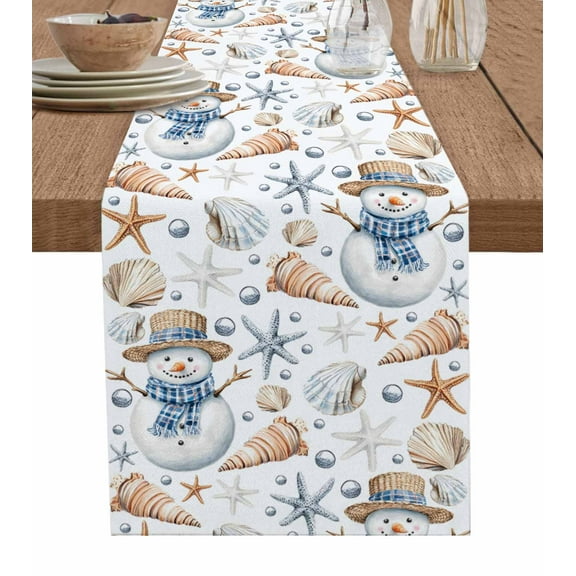 Ldtrchee Coastal Christmas Table Runner 108 Inches, Xmas Snowman Shell Starfish Bed Runner Dresser Scarves Tabletop for Indoor Outdoor Parties/Ceremony/Banquet, 13"x 108"