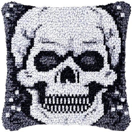 Skull Skeleton Latch Hook Pillow Cover Kits for DIY Handmade Throw Pillow Cross Stitch Latch Hook Pillowcase Rug Cushion Kits with Preprinted Canvas Crochet Yarn Kits Needlework 17'' X 17''