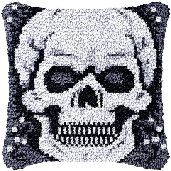 Skull Skeleton Latch Hook Pillow Cover Kits for DIY Handmade Throw Pillow Cross Stitch Latch Hook Pillowcase Rug Cushion Kits with Preprinted Canvas Crochet Yarn Kits Needlework 17'' X 17''