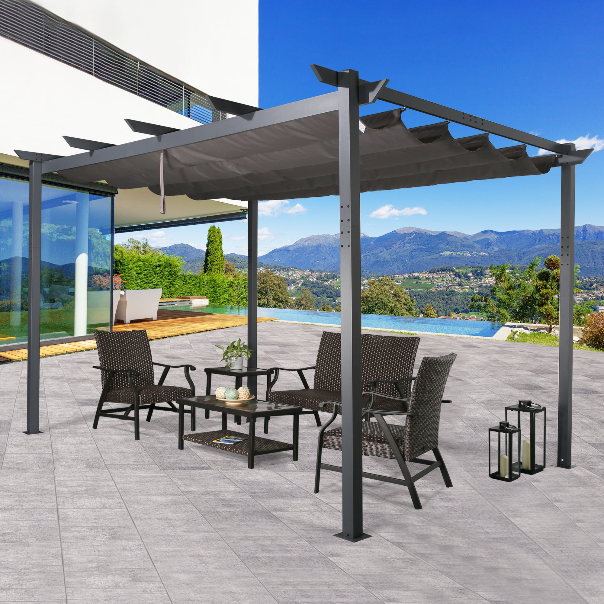 Beige Ulax Furniture Outdoor Pergola with 10' x 10' Retractable Canopy Cover for Patio Backyard Pavilion Grill Gazebo 