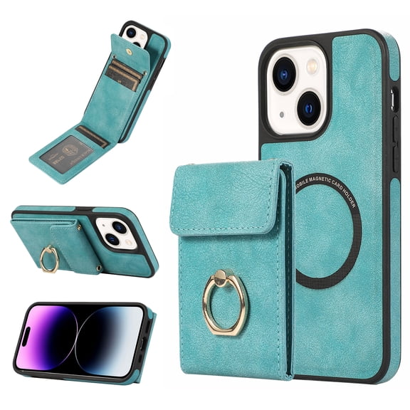 for iPhone 14 Case Wallet, with PU Leather Detachable Card Holder Compatible with Magsafe, Durable Protection Magnetic Phone Case with Ring Kickstand for iPhone 14, Green