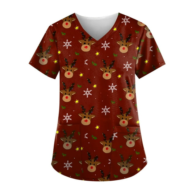 EGNMCR Hauts de Soins Infirmiers pour Femmes, Uniforme de Travail Imprimé de Noël, Manches Courtes, Col en V, Blouse de Travail avec Poches, Costumes de Noël