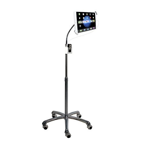 cta digital pad shfs heavy duty height adjustable rotating tablet floor stand with security gooseneck and locking wheels 7 13 inch tablets silver