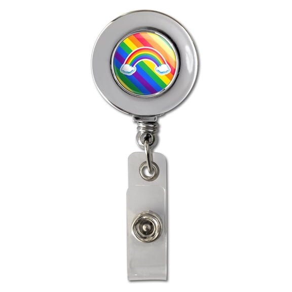 Double Rainbow with Clouds Retractable Reel Chrome Badge ID Card Holder Clip