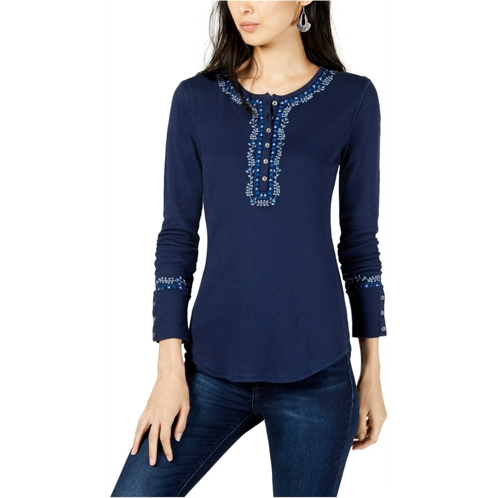 Lucky Brand Lucky Brand Womens Embroidered Henley Shirt, Blue, X