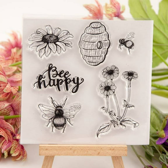 Ouginx Clear Stamps, Bee Happy Rubber Stamp for Scrapbooking and Card Making Supplies