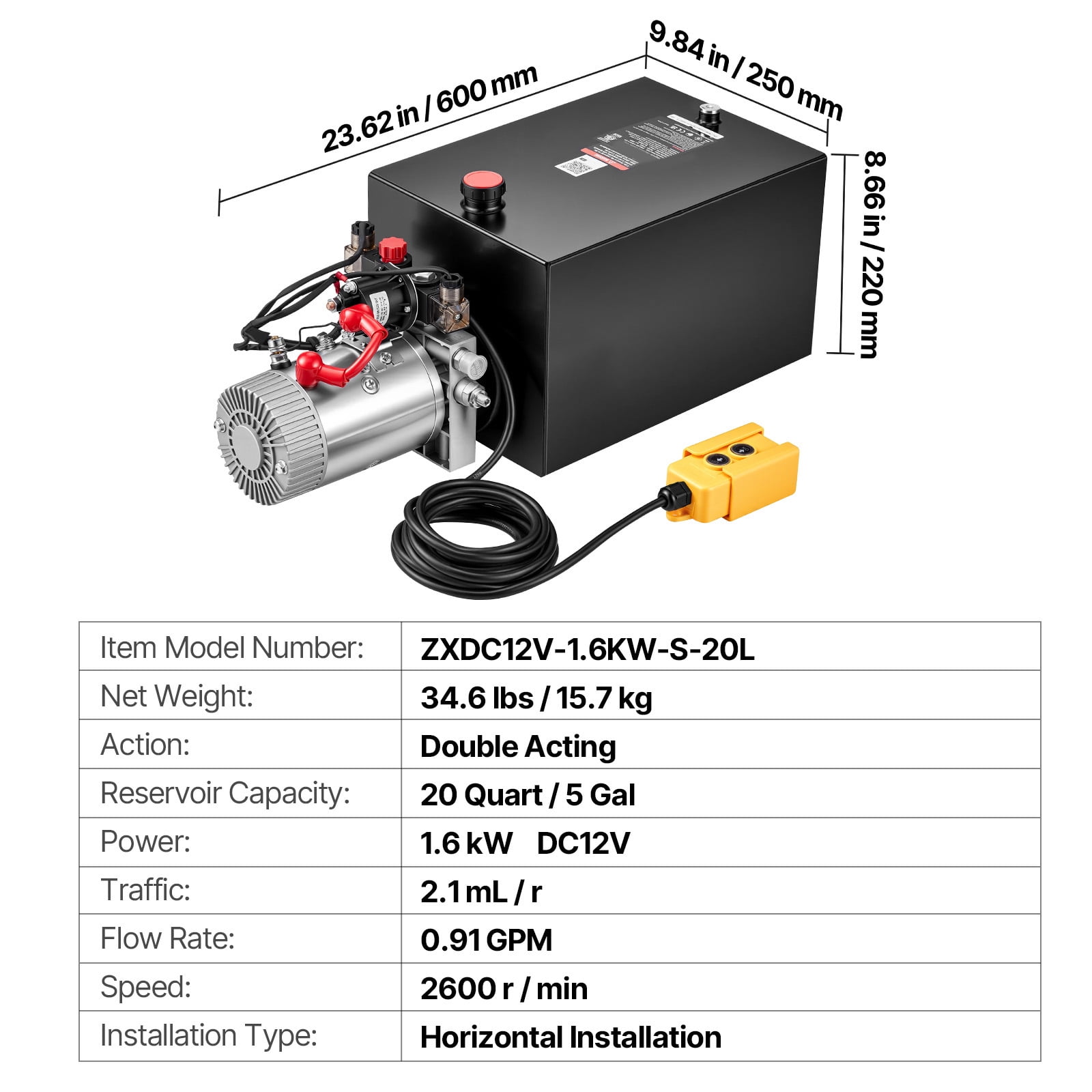 KFFKFF 20 Quart Hydraulic Pump, Double Acting Dump Trailer Unit, 3200 PSI Max Pressure & 0.91 GPM Flow Rate, DC 12V Hydraulic Power System for Dump Trailer and Vehicle Lifting (Horizontal Setup)