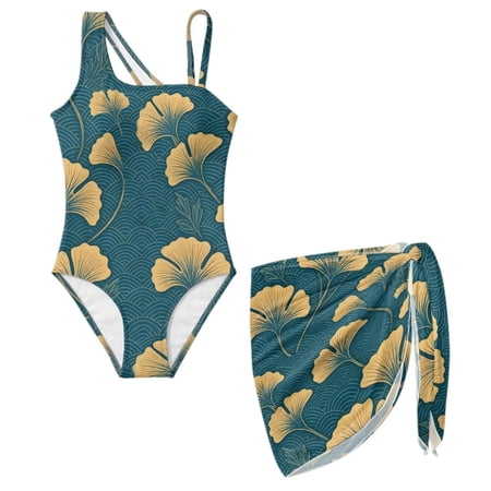 Xoenoiee Ginkgo Leaves Waves Cloud Pattern Girls One Piece Swimsuit Teen Bathing Suit with Mesh Cover Up Skirt Quick Dry Swimwear Beachwear with Adjustable Strap Size 15-16 Years