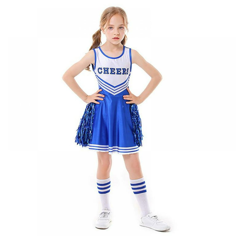 Cheerleader Costume with Stockings and 2 Pom Poms for Kids Girls, Girls  High School Cheerleading Uniform Dress Outfit