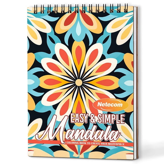 Netecom Easy and Simple Mandala Coloring Book Spiral Bound For Adults, A5 Wooden Cover, 30 Calming Coloring Pages of Minimalist Mandala Designs for Stress Relief and Relaxation