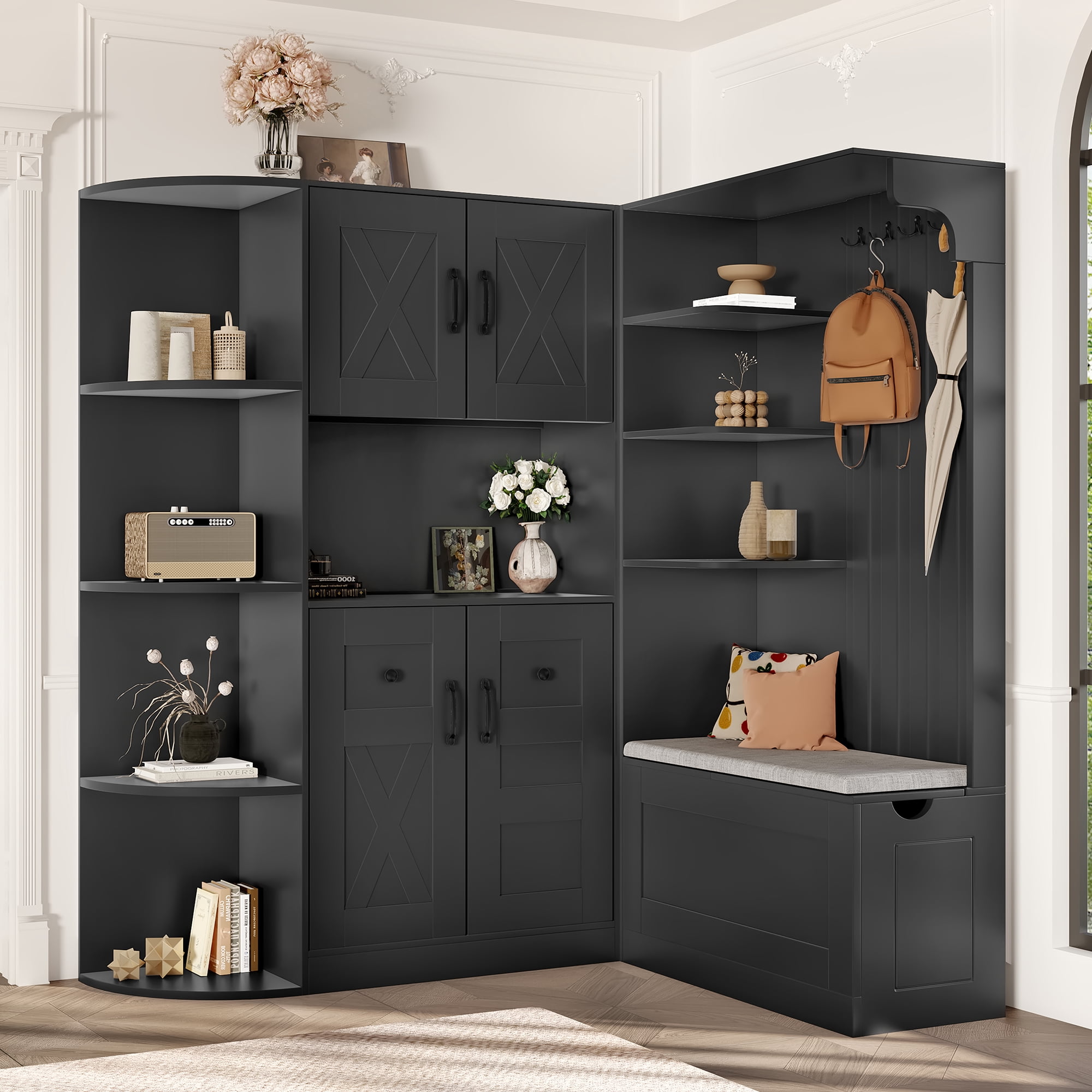 T-Foyer Farmhouse Black Detachable Hall Tree with 4 Hooks & Bench, Wooden Rustic Entryway Organizer with Open Storage & 2 Cabinets