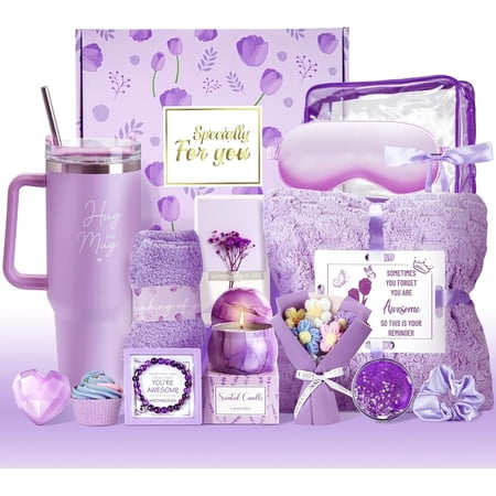 15Pcs Birthday Gifts for Women, Relaxing Spa Gifts Baskets for Her, Care Package with Luxury Flannel Blanket and 40 oz Tumbler, Valentines, Mothers Day, Christmas Women's Gift for Mom, Wife, Friends
