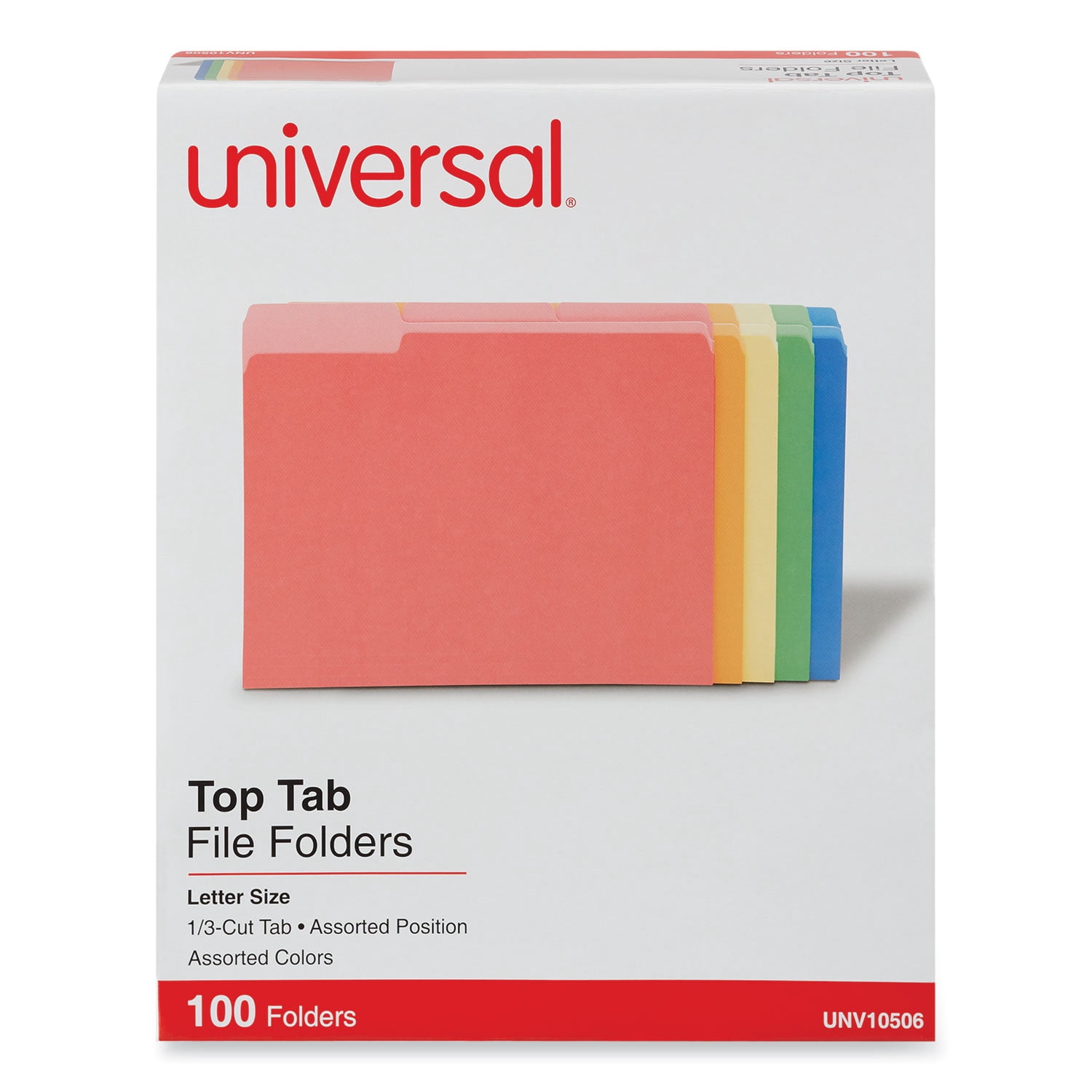 Universal Deluxe Colored Top Tab File Folders, 1/3-Cut Tabs, Letter Size, Assorted, 100/Box (10506)