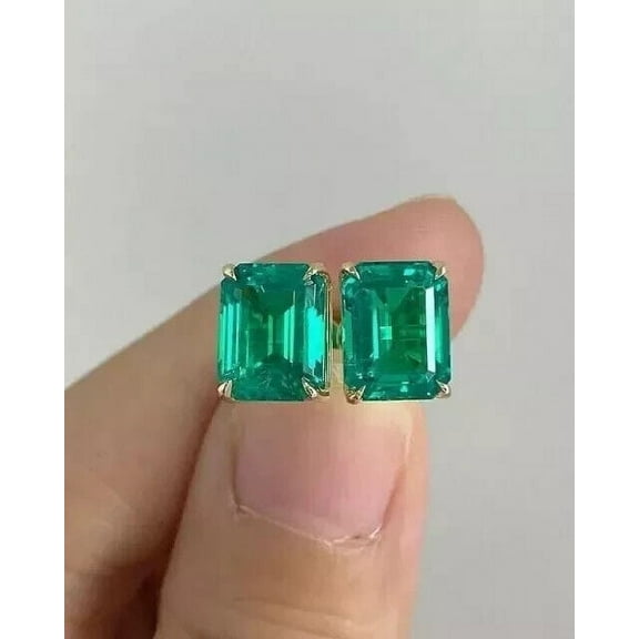 Natural Green Emerald 4.50CT Emerald Cut Women's Stud Earrings 14k Yellow Gold Plated 925 Silver