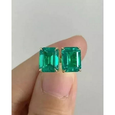 4Ct Emerald Cut Solitaire Green Emerald Women's Silver Earrings 14K Yellow Gold Finish