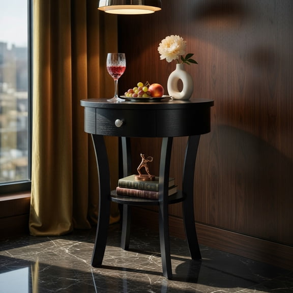 Topcobe 2-Tier Wood Round End Table with Open Drawer, Modern Furniture for Indoor, Living Room-Black