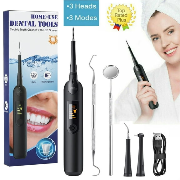 Electric Plaque Remover for Teeth, Tooth Cleaner Dental Calculus Remover Teeth Cleaning Kit with LED Display， 5 Adjustable Modes, 2 Replaceable Clean Heads and 1 Mouth Mirror