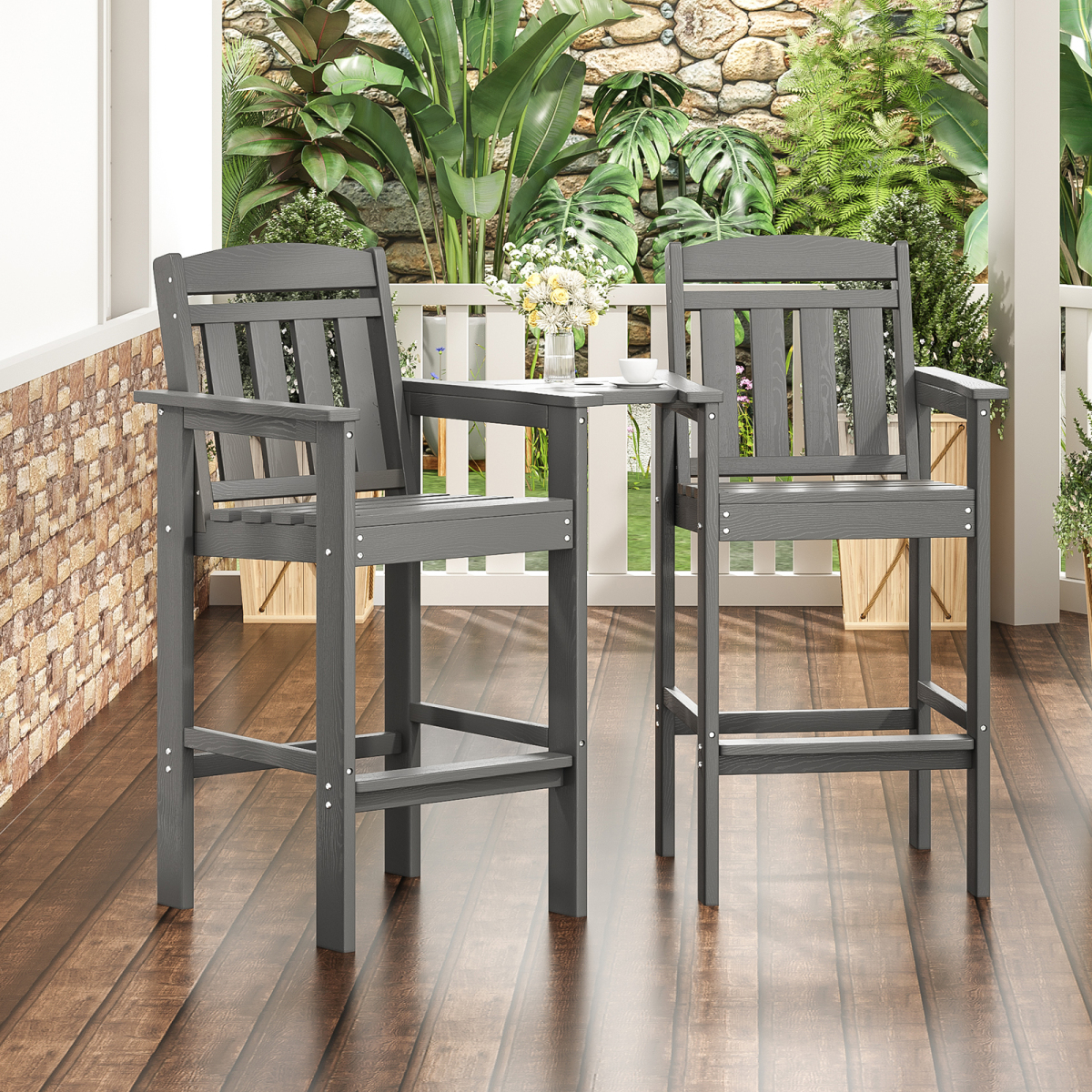 2-Pack Bar Height Adirondack Chairs - HDPE All Weather Patio Bar Stools with Connecting Tray, Ideal for Balcony, Poolside & Backyard
