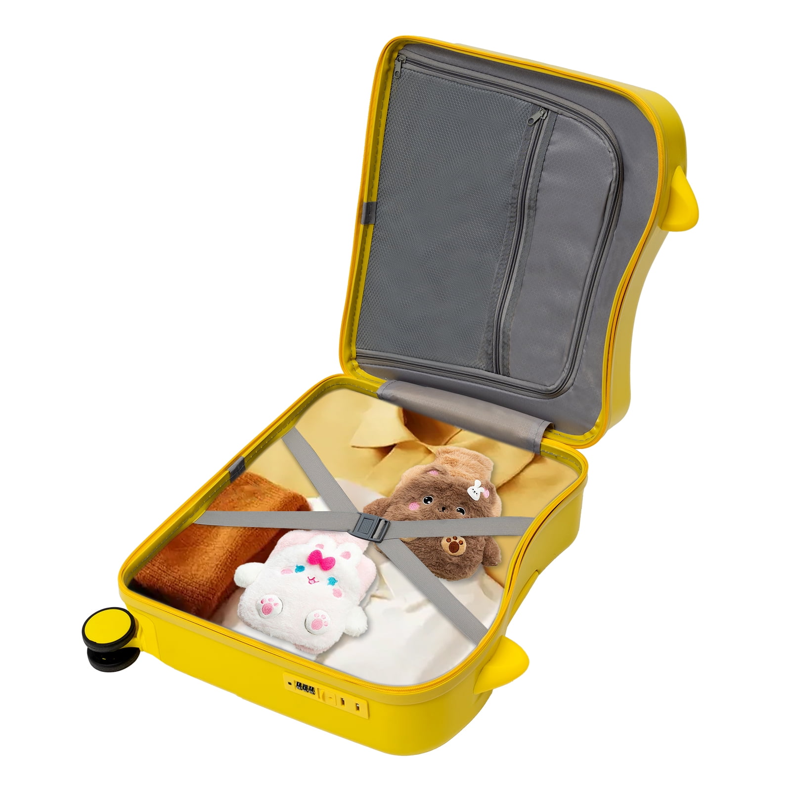 Yellow 18in" Kids Ride-On Suitcase with Wheels & Lock, Cute Lightweight Tow-Along Luggage with Password Lock, Storage Pockets & Universal Wheels