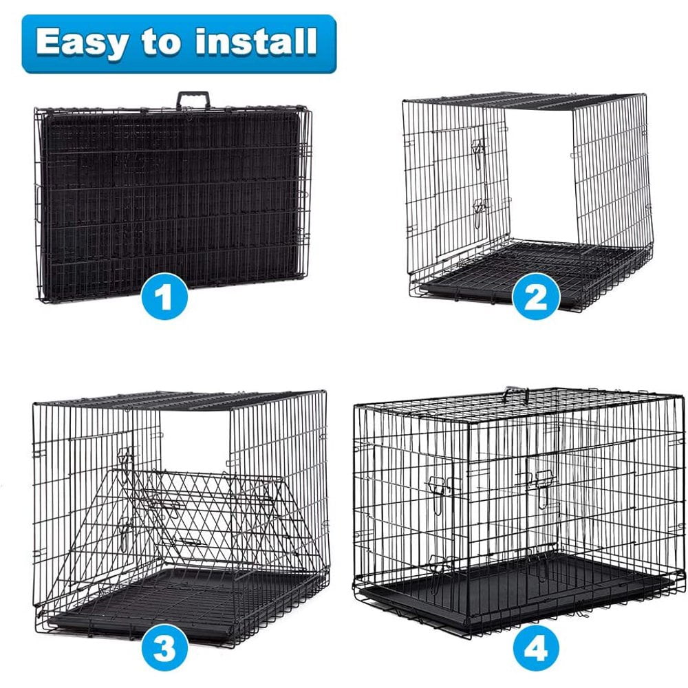 Portable Large 42-Inch Metal Wire Kennel Plastic Leak-Proof Tray Double Door Folding Dog Crate Slide Bolt Latches and Carry Handle by Pet Trex,Satin Black 