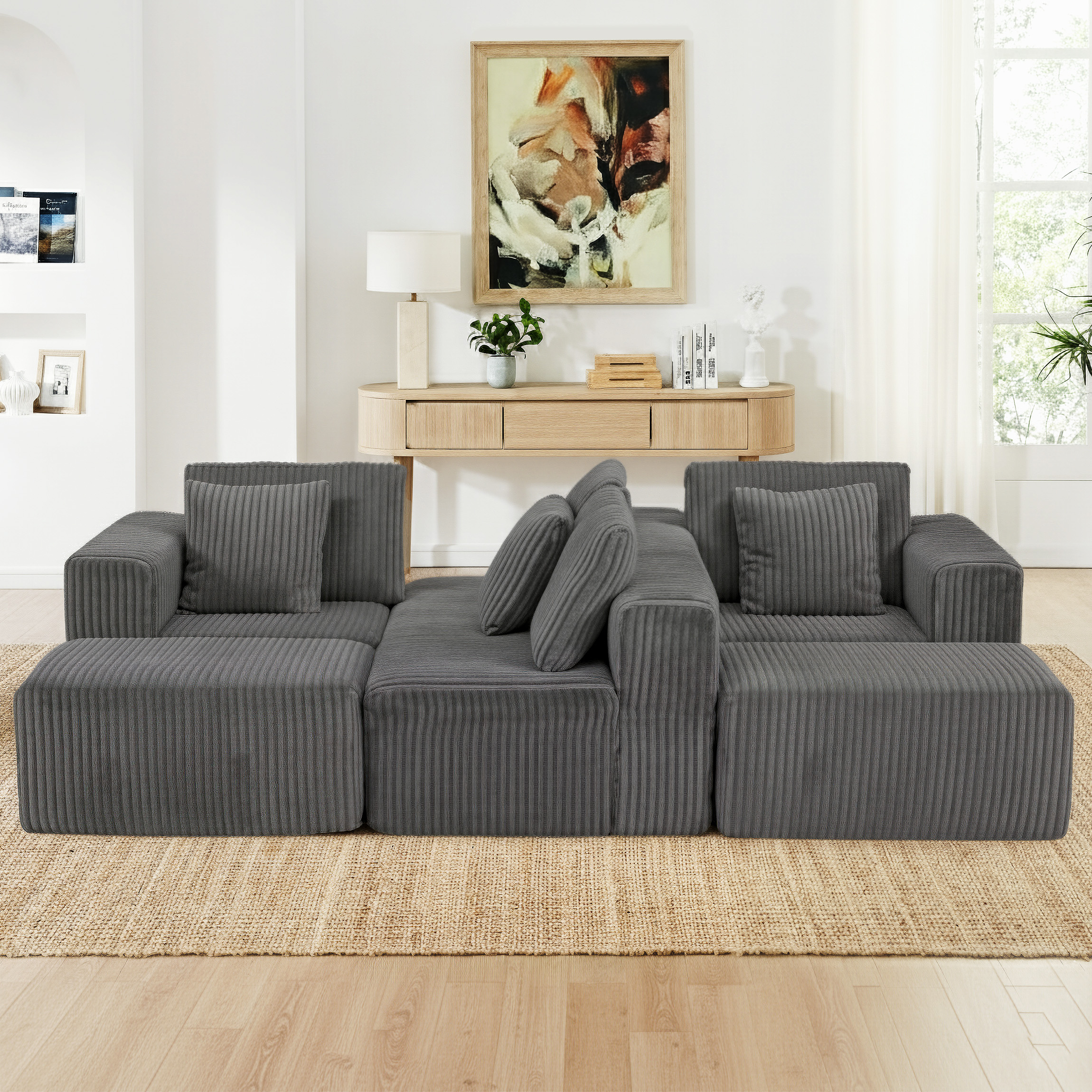 132.58" Boneless Couch, Gray Modern Sectional Couch for Living Room, Modular U-Shaped 4-Seater Chaise Lounge with Reversible Design, Striped Corduroy Fabric, Freely Configurable Layout