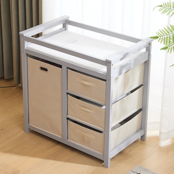 FOWE Baby Changing Table 34.3" x 20.9" x 34.4", Solid Pine Wood with Removable Top, 3 Fabric Drawers & Storage Bin, for Nursery, Gray