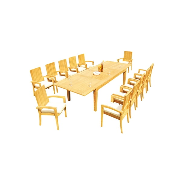 Grade-A Teak Dining Set: 12 Seater 13 Pc: 122" Caranas Rectangle Table And 12 Goa Stackng Arm Chairs Outdoor Patio WholesaleTeak #51GO2913