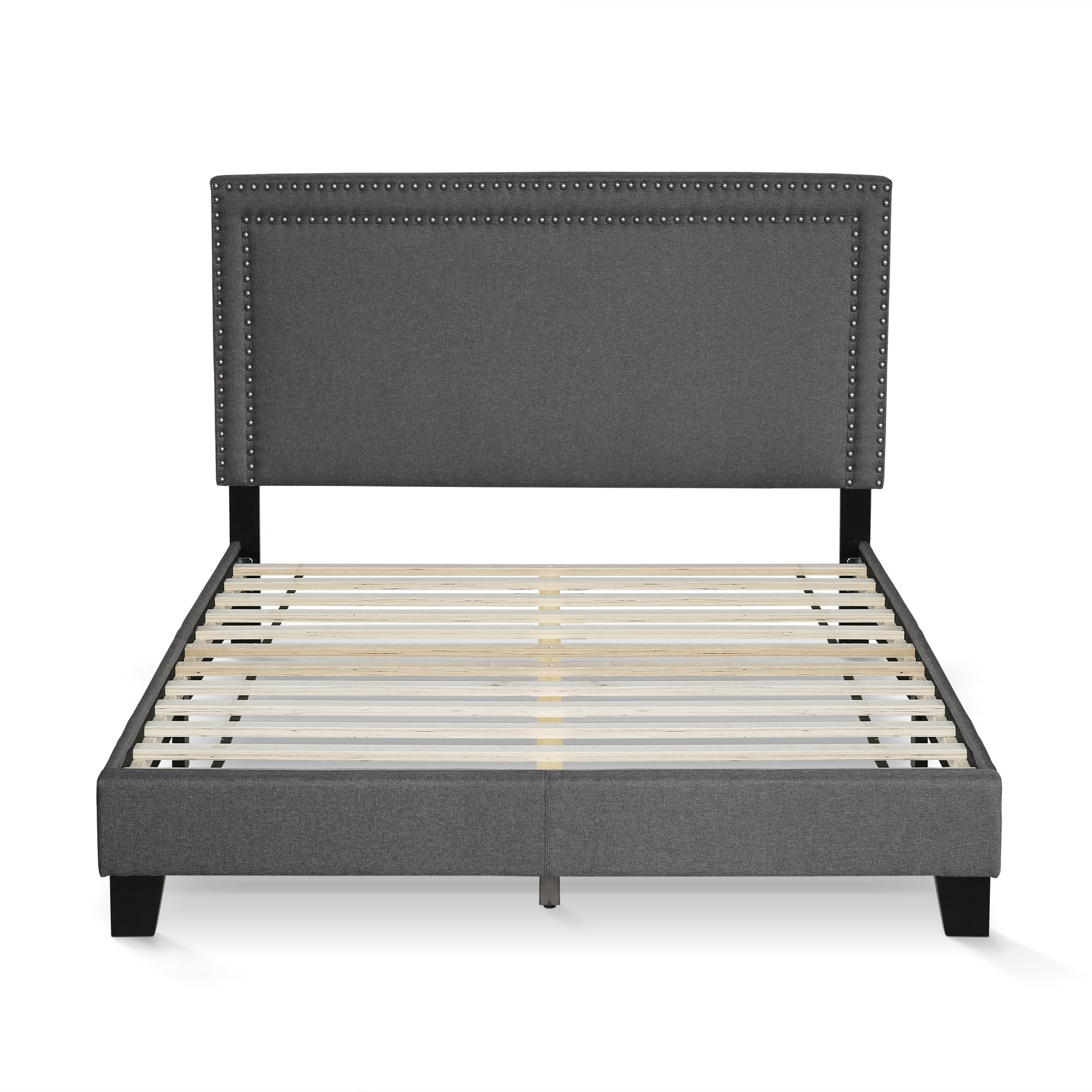 Furinno LAVAL Full Upholstered Bed Frame with Double-Row Nailhead Headboard and 12-Piece Wooden Slat Support, Dark Grey