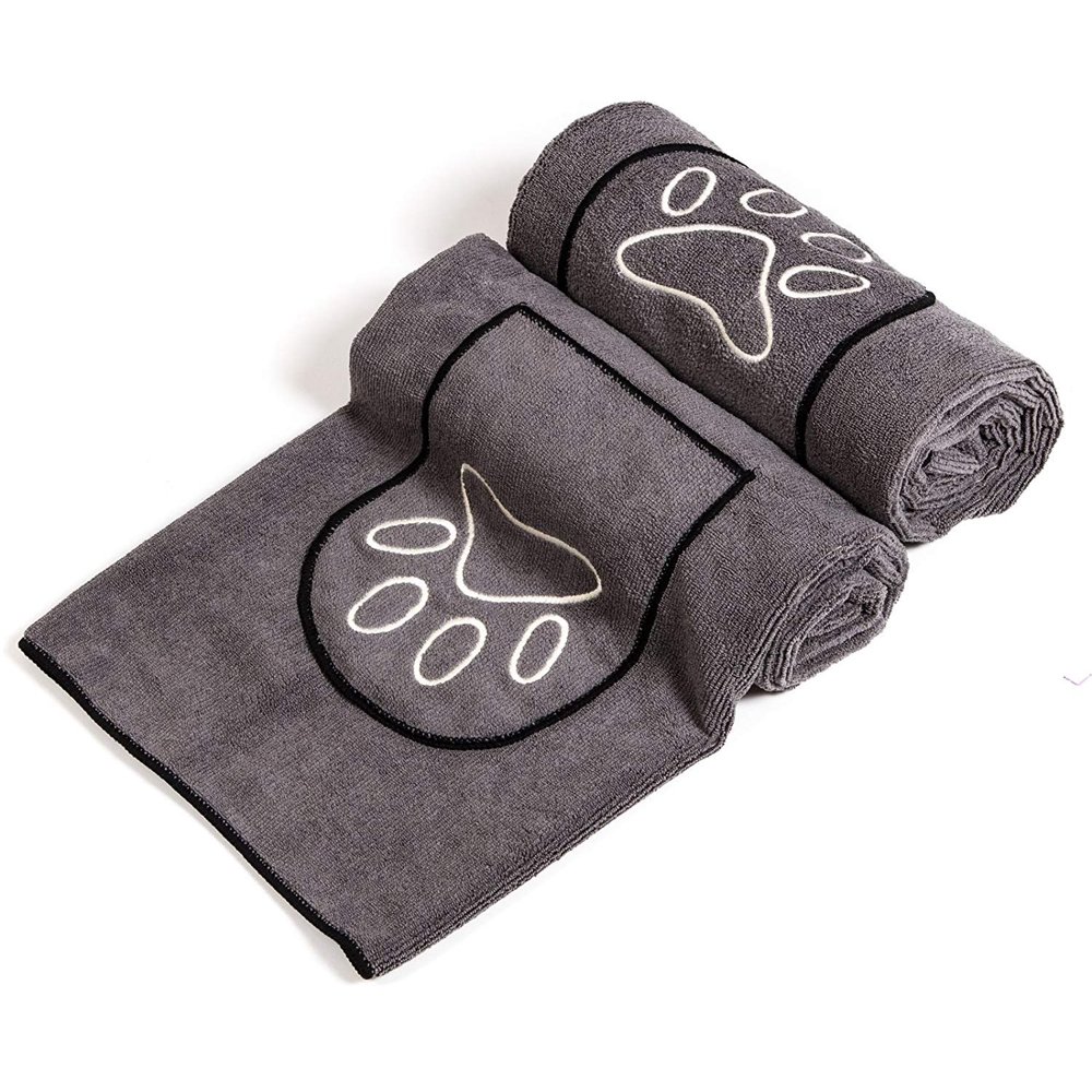 PetLuxe Pet Bath Towel with Embroidered Pockets, Extra Absorbent Micro