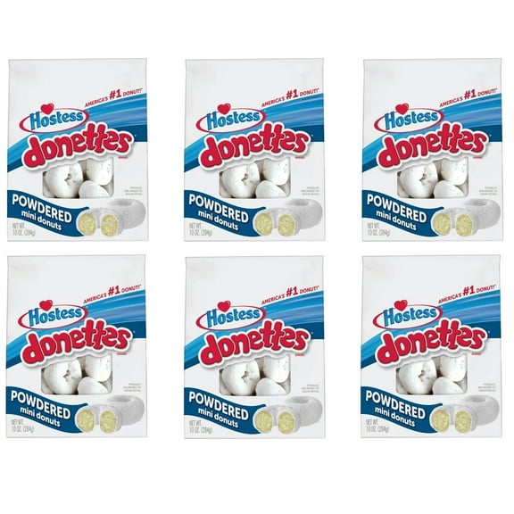 Hostess Donettes - Powdered Mini Donuts - White Cake Dusted With Powdered Sugar - 10 Oz Bag - Pack of 6