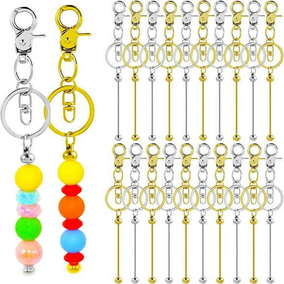 20 Pieces Beadable Keychains Bars - Diy Golden & Silver Beadable Keychains Bulk -Beaded Keychain Making K
